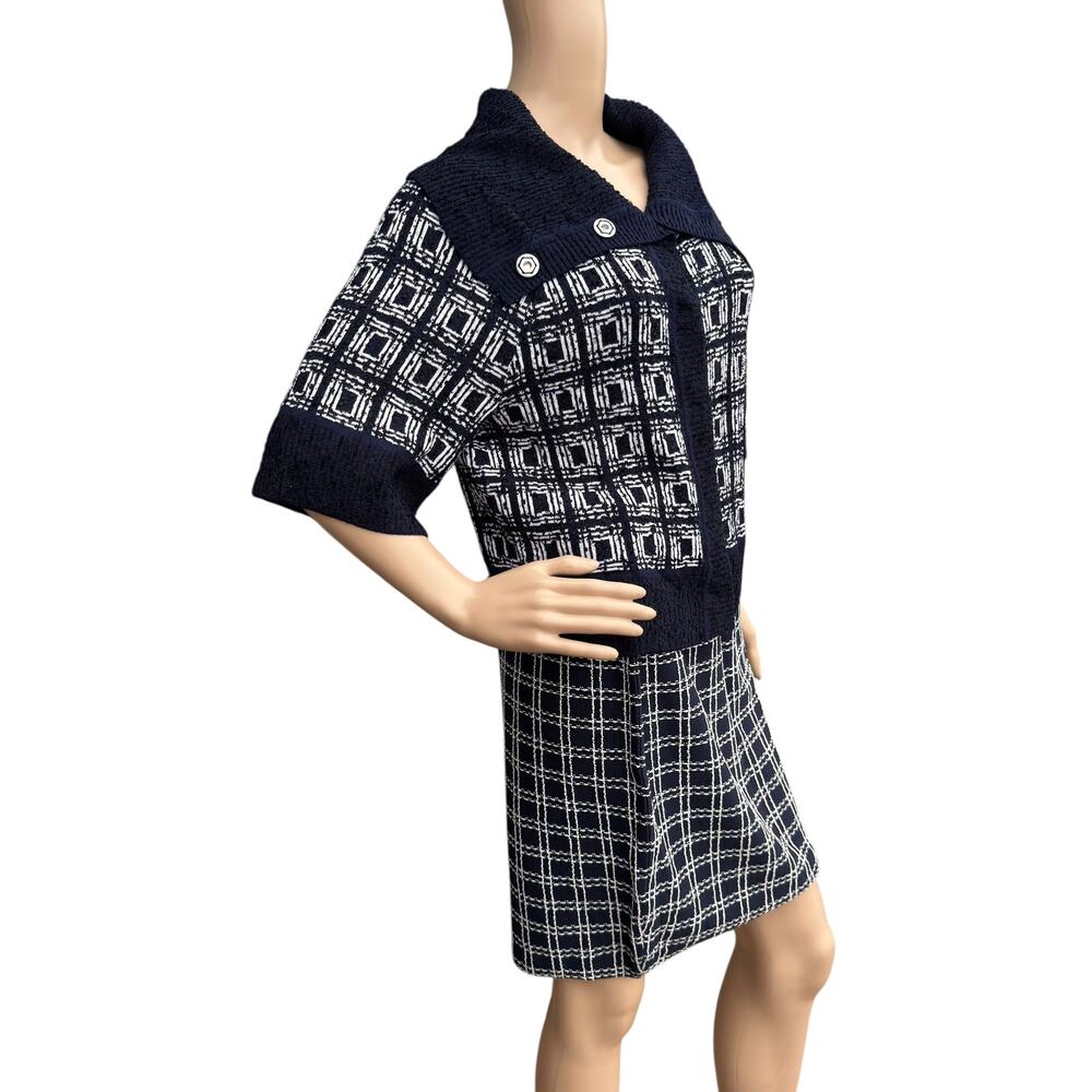 St John Collection Navy White Geometric Plaid Knit Skirt Suit Set Rt 2011 M 6